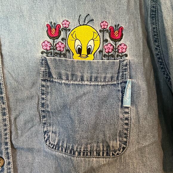 Tweety Bird 26/28 Womens Button Up Blue Denim Looney Tunes Floral Collared - Picture 3 of 9